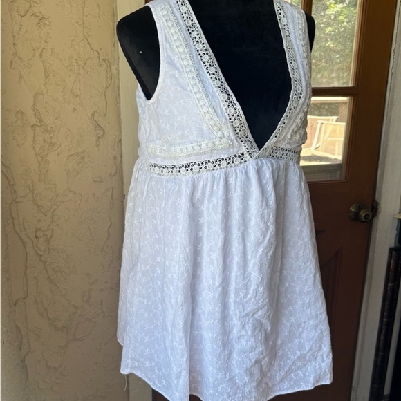 Lulu's Lace & Time White Eyelet Cotton Sleeveless V-Neck Babydoll Mini Dress - Picture 3 of 9